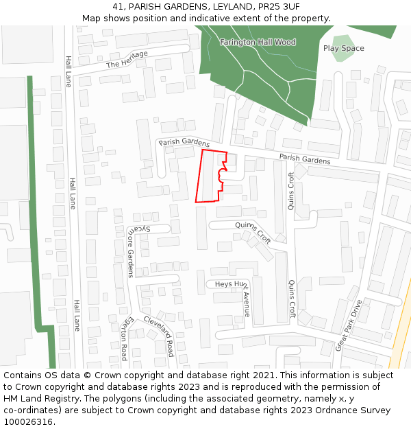 41, PARISH GARDENS, LEYLAND, PR25 3UF: Location map and indicative extent of plot