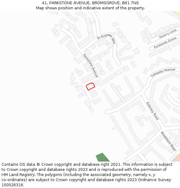 41, PARKSTONE AVENUE, BROMSGROVE, B61 7NS: Location map and indicative extent of plot