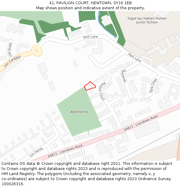 41, PAVILION COURT, NEWTOWN, SY16 1EB: Location map and indicative extent of plot