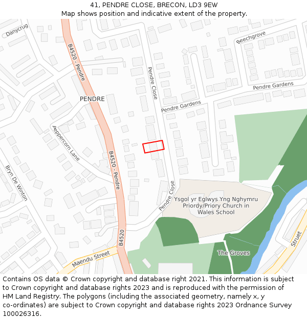 41, PENDRE CLOSE, BRECON, LD3 9EW: Location map and indicative extent of plot