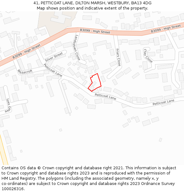 41, PETTICOAT LANE, DILTON MARSH, WESTBURY, BA13 4DG: Location map and indicative extent of plot