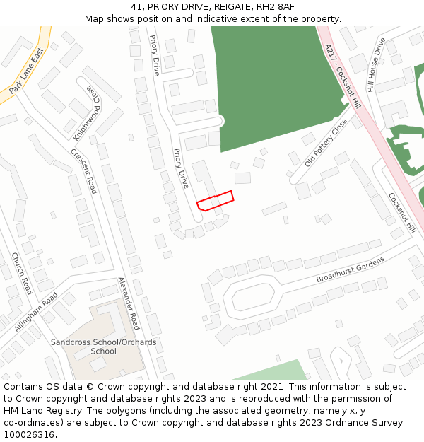 41, PRIORY DRIVE, REIGATE, RH2 8AF: Location map and indicative extent of plot