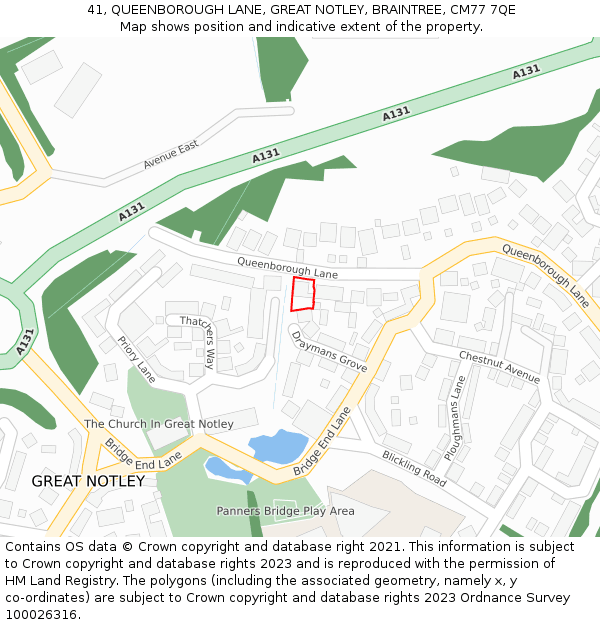 41, QUEENBOROUGH LANE, GREAT NOTLEY, BRAINTREE, CM77 7QE: Location map and indicative extent of plot