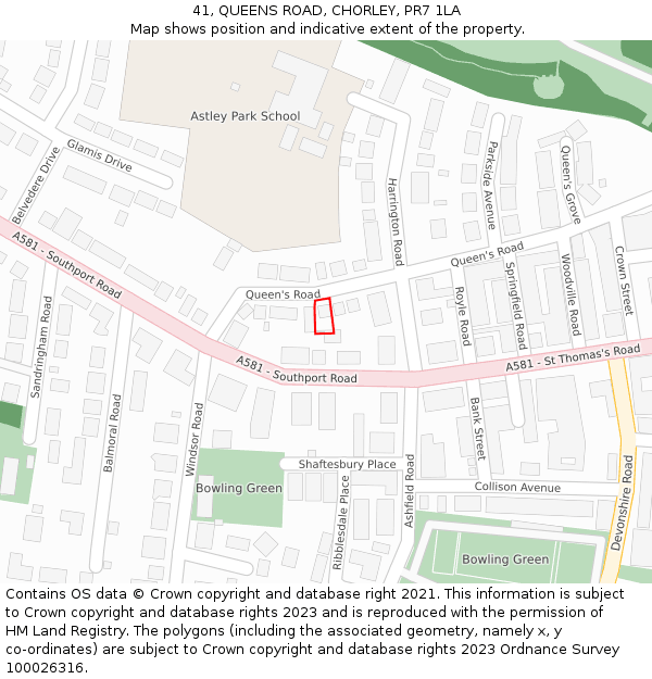 41, QUEENS ROAD, CHORLEY, PR7 1LA: Location map and indicative extent of plot