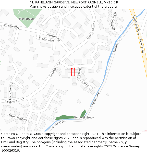 41, RANELAGH GARDENS, NEWPORT PAGNELL, MK16 0JP: Location map and indicative extent of plot