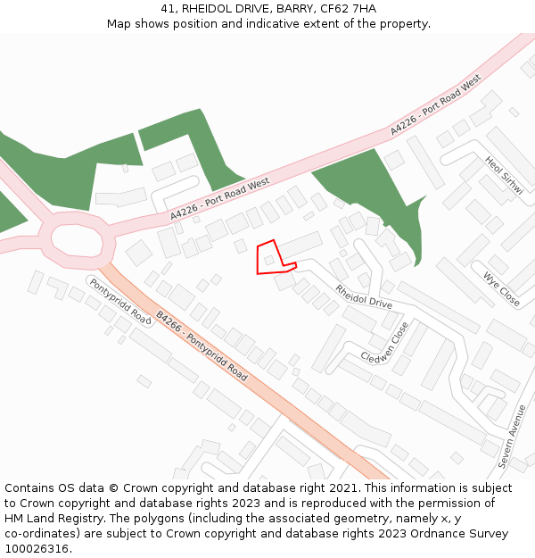 41, RHEIDOL DRIVE, BARRY, CF62 7HA: Location map and indicative extent of plot