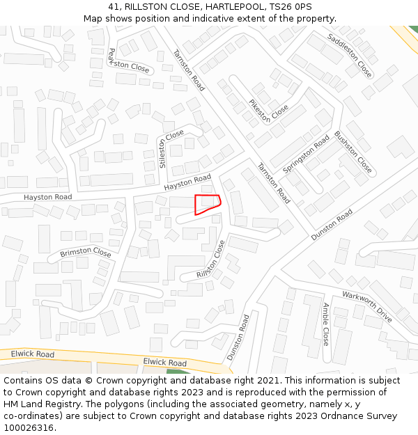 41, RILLSTON CLOSE, HARTLEPOOL, TS26 0PS: Location map and indicative extent of plot