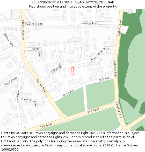 41, ROSECROFT GARDENS, SWADLINCOTE, DE11 9AF: Location map and indicative extent of plot