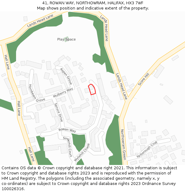 41, ROWAN WAY, NORTHOWRAM, HALIFAX, HX3 7WF: Location map and indicative extent of plot