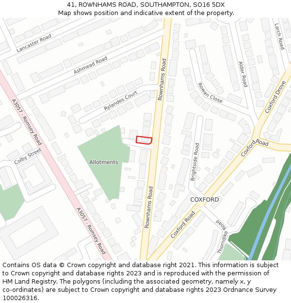 41, ROWNHAMS ROAD, SOUTHAMPTON, SO16 5DX: Location map and indicative extent of plot