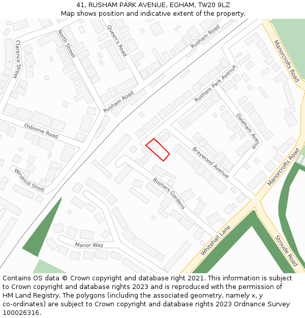 41, RUSHAM PARK AVENUE, EGHAM, TW20 9LZ: Location map and indicative extent of plot