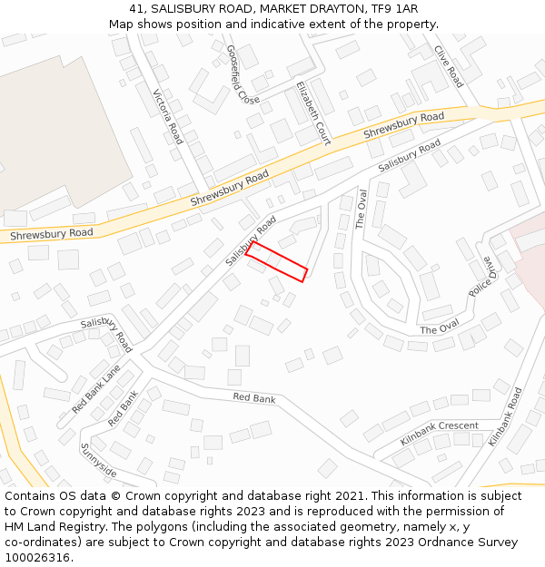 41, SALISBURY ROAD, MARKET DRAYTON, TF9 1AR: Location map and indicative extent of plot