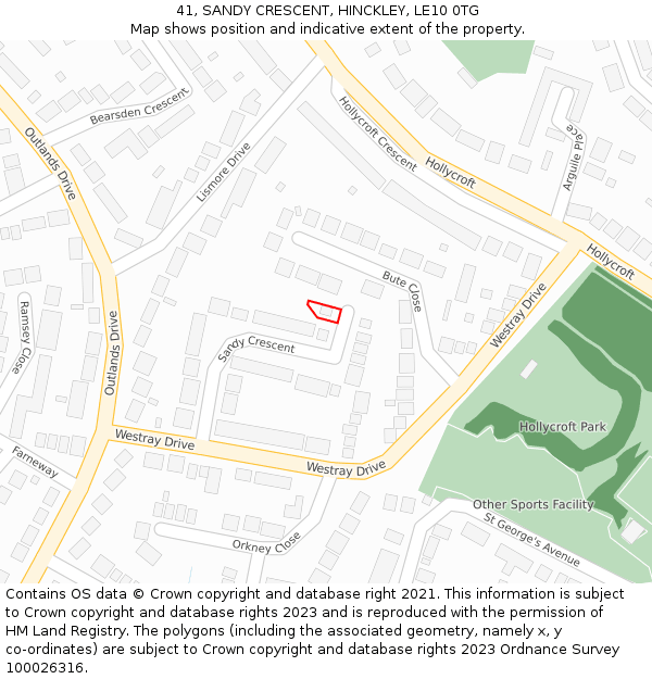 41, SANDY CRESCENT, HINCKLEY, LE10 0TG: Location map and indicative extent of plot