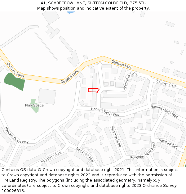 41, SCARECROW LANE, SUTTON COLDFIELD, B75 5TU: Location map and indicative extent of plot