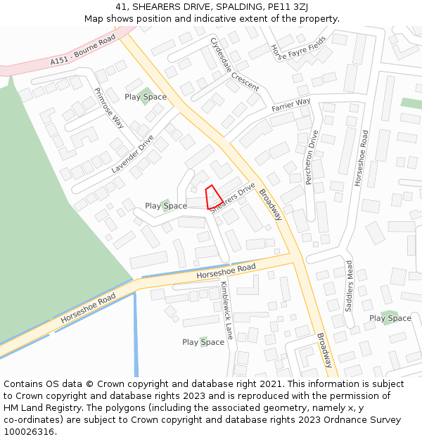 41, SHEARERS DRIVE, SPALDING, PE11 3ZJ: Location map and indicative extent of plot