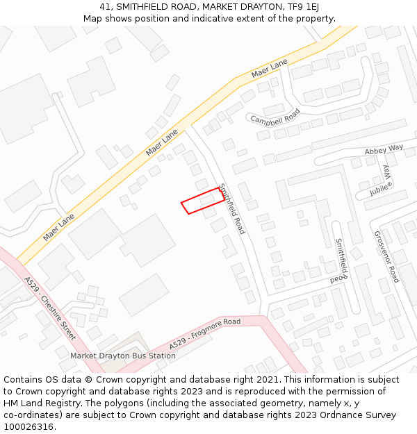 41, SMITHFIELD ROAD, MARKET DRAYTON, TF9 1EJ: Location map and indicative extent of plot