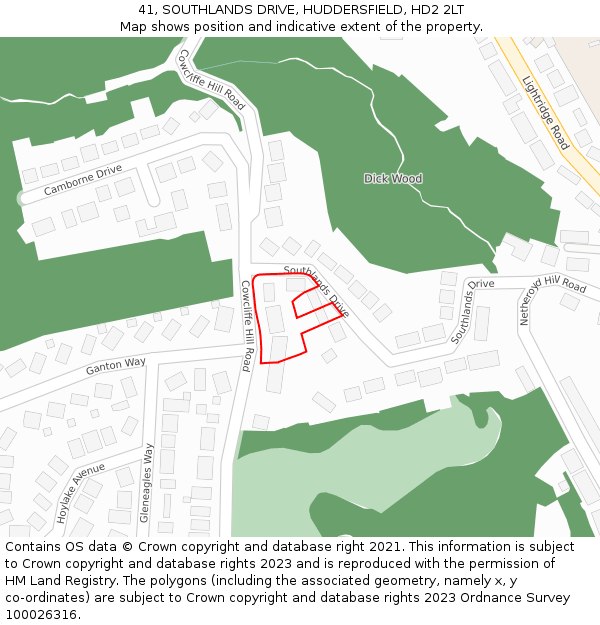 41, SOUTHLANDS DRIVE, HUDDERSFIELD, HD2 2LT: Location map and indicative extent of plot