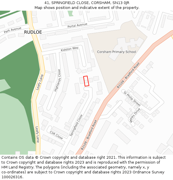 41, SPRINGFIELD CLOSE, CORSHAM, SN13 0JR: Location map and indicative extent of plot