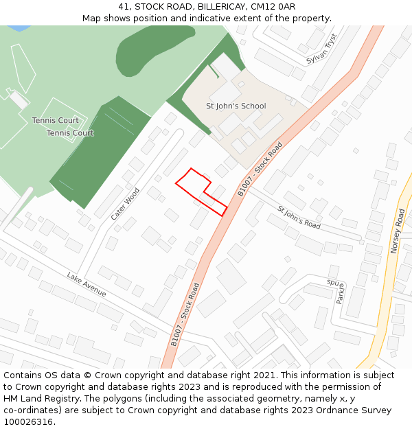 41, STOCK ROAD, BILLERICAY, CM12 0AR: Location map and indicative extent of plot
