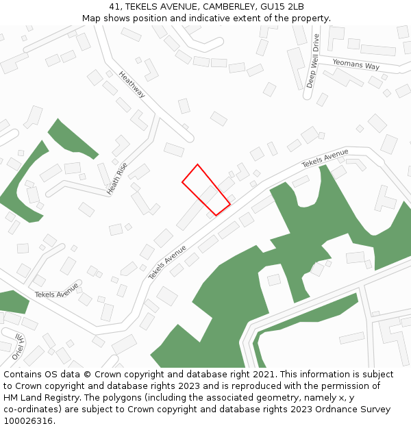 41, TEKELS AVENUE, CAMBERLEY, GU15 2LB: Location map and indicative extent of plot