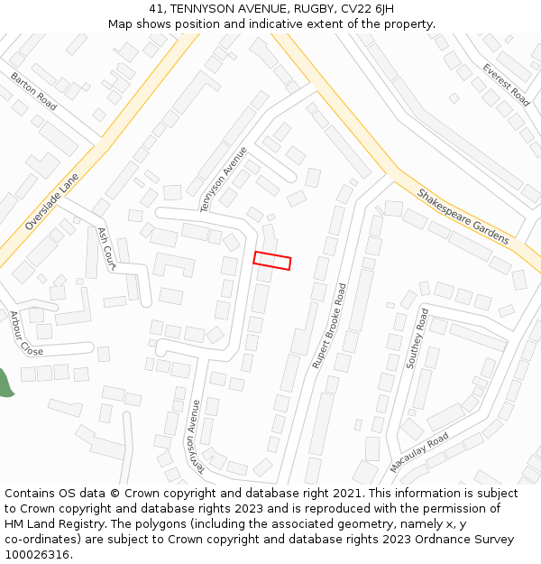 41, TENNYSON AVENUE, RUGBY, CV22 6JH: Location map and indicative extent of plot