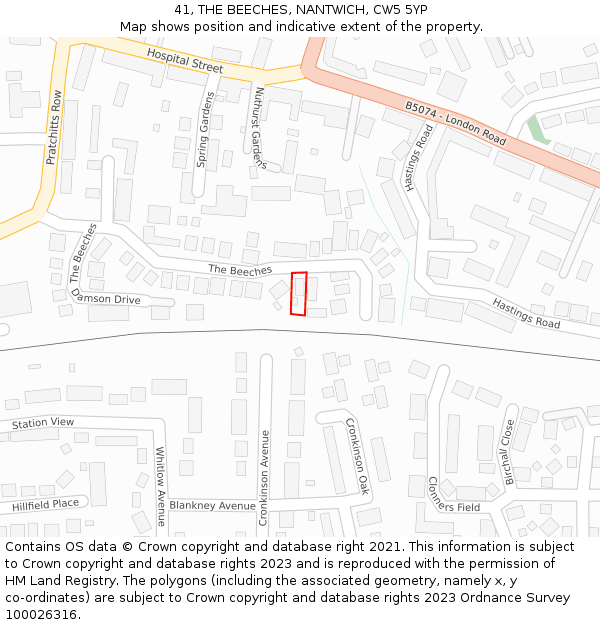 41, THE BEECHES, NANTWICH, CW5 5YP: Location map and indicative extent of plot