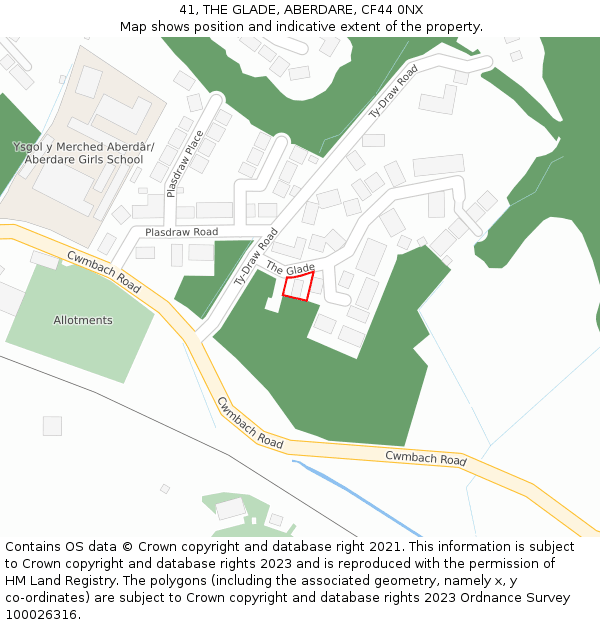 41, THE GLADE, ABERDARE, CF44 0NX: Location map and indicative extent of plot