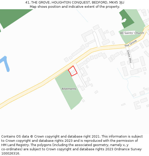 41, THE GROVE, HOUGHTON CONQUEST, BEDFORD, MK45 3JU: Location map and indicative extent of plot