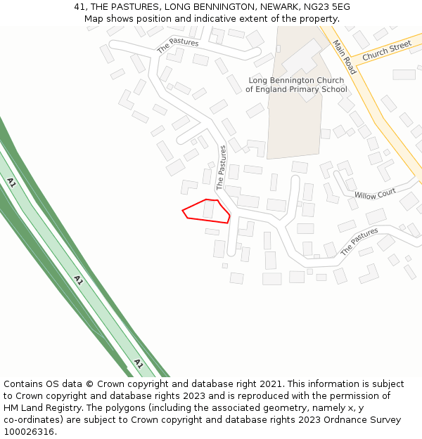 41, THE PASTURES, LONG BENNINGTON, NEWARK, NG23 5EG: Location map and indicative extent of plot