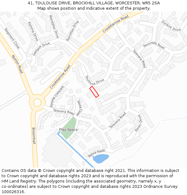 41, TOULOUSE DRIVE, BROCKHILL VILLAGE, WORCESTER, WR5 2SA: Location map and indicative extent of plot