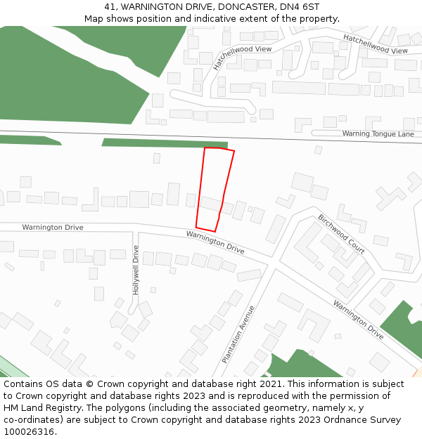 41, WARNINGTON DRIVE, DONCASTER, DN4 6ST: Location map and indicative extent of plot