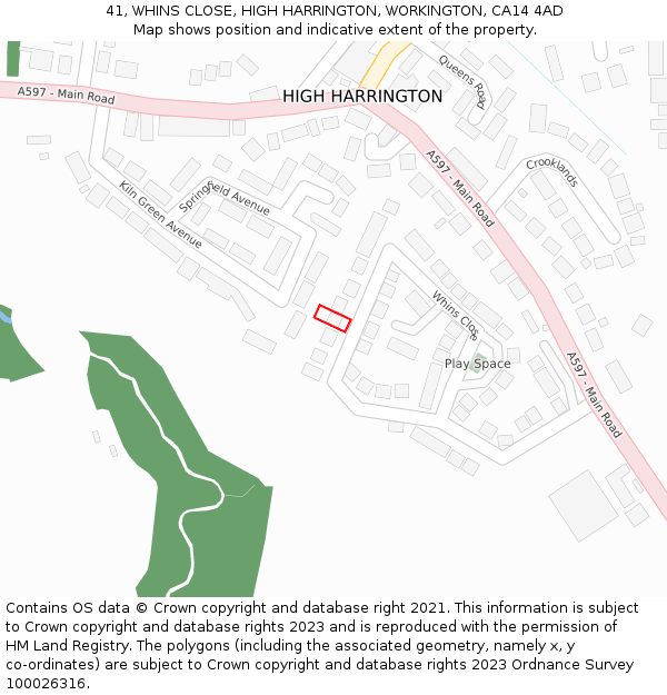 41, WHINS CLOSE, HIGH HARRINGTON, WORKINGTON, CA14 4AD: Location map and indicative extent of plot