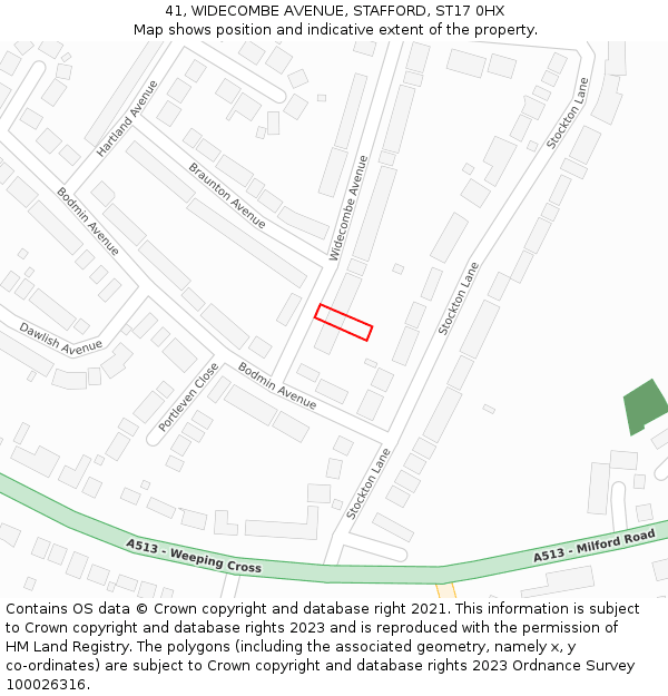 41, WIDECOMBE AVENUE, STAFFORD, ST17 0HX: Location map and indicative extent of plot