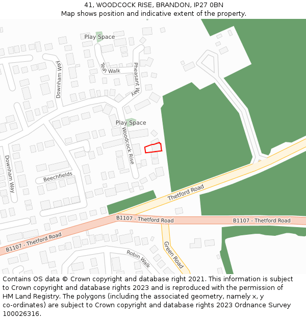 41, WOODCOCK RISE, BRANDON, IP27 0BN: Location map and indicative extent of plot