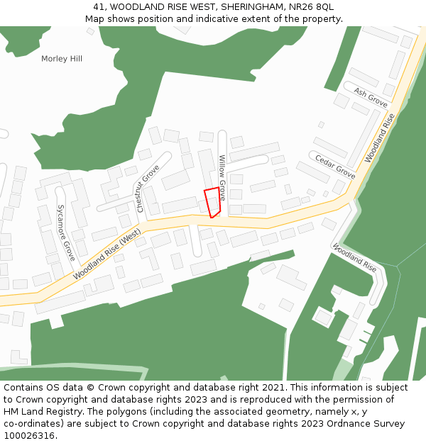 41, WOODLAND RISE WEST, SHERINGHAM, NR26 8QL: Location map and indicative extent of plot