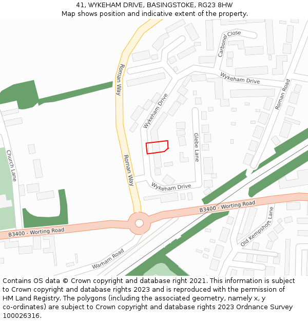 41, WYKEHAM DRIVE, BASINGSTOKE, RG23 8HW: Location map and indicative extent of plot