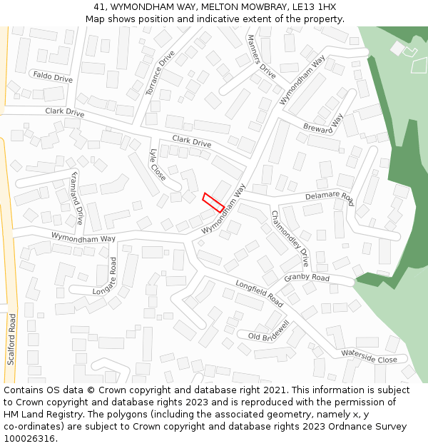 41, WYMONDHAM WAY, MELTON MOWBRAY, LE13 1HX: Location map and indicative extent of plot