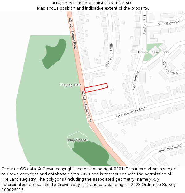 410, FALMER ROAD, BRIGHTON, BN2 6LG: Location map and indicative extent of plot