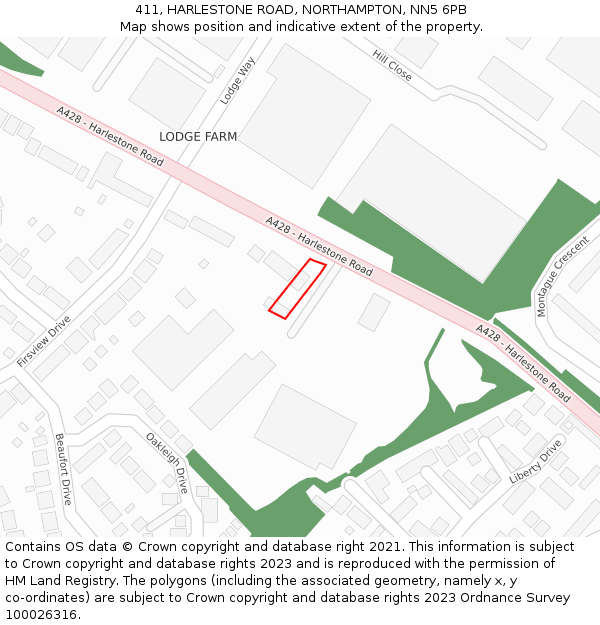 411, HARLESTONE ROAD, NORTHAMPTON, NN5 6PB: Location map and indicative extent of plot