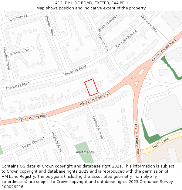 412, PINHOE ROAD, EXETER, EX4 8EH: Location map and indicative extent of plot