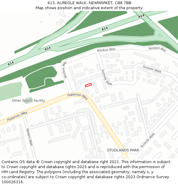 413, AUREOLE WALK, NEWMARKET, CB8 7BB: Location map and indicative extent of plot