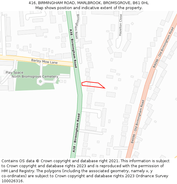 416, BIRMINGHAM ROAD, MARLBROOK, BROMSGROVE, B61 0HL: Location map and indicative extent of plot