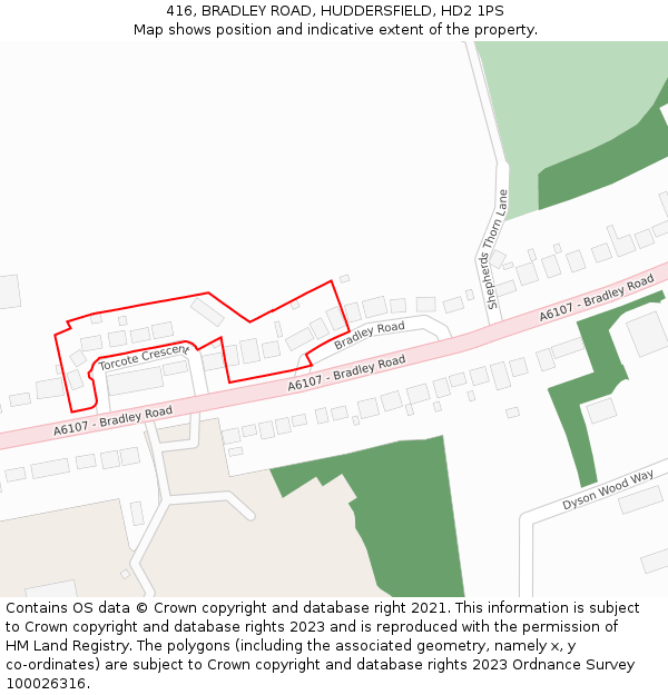 416, BRADLEY ROAD, HUDDERSFIELD, HD2 1PS: Location map and indicative extent of plot