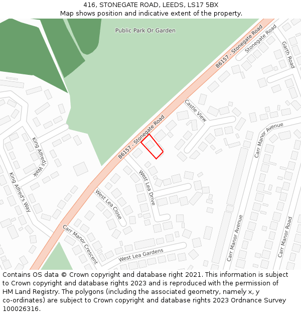 416, STONEGATE ROAD, LEEDS, LS17 5BX: Location map and indicative extent of plot