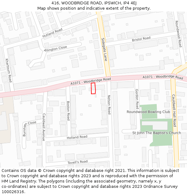 416, WOODBRIDGE ROAD, IPSWICH, IP4 4EJ: Location map and indicative extent of plot