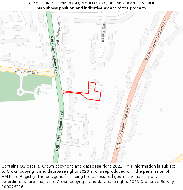 416A, BIRMINGHAM ROAD, MARLBROOK, BROMSGROVE, B61 0HL: Location map and indicative extent of plot