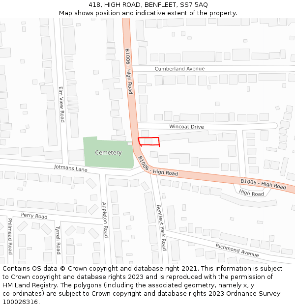 418, HIGH ROAD, BENFLEET, SS7 5AQ: Location map and indicative extent of plot