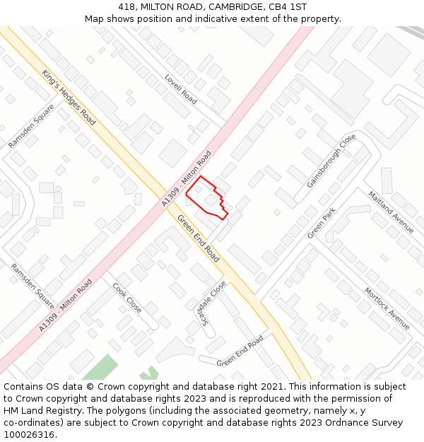 418, MILTON ROAD, CAMBRIDGE, CB4 1ST: Location map and indicative extent of plot