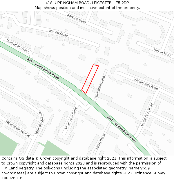 418, UPPINGHAM ROAD, LEICESTER, LE5 2DP: Location map and indicative extent of plot