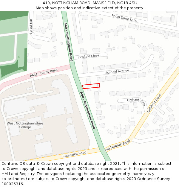 419, NOTTINGHAM ROAD, MANSFIELD, NG18 4SU: Location map and indicative extent of plot